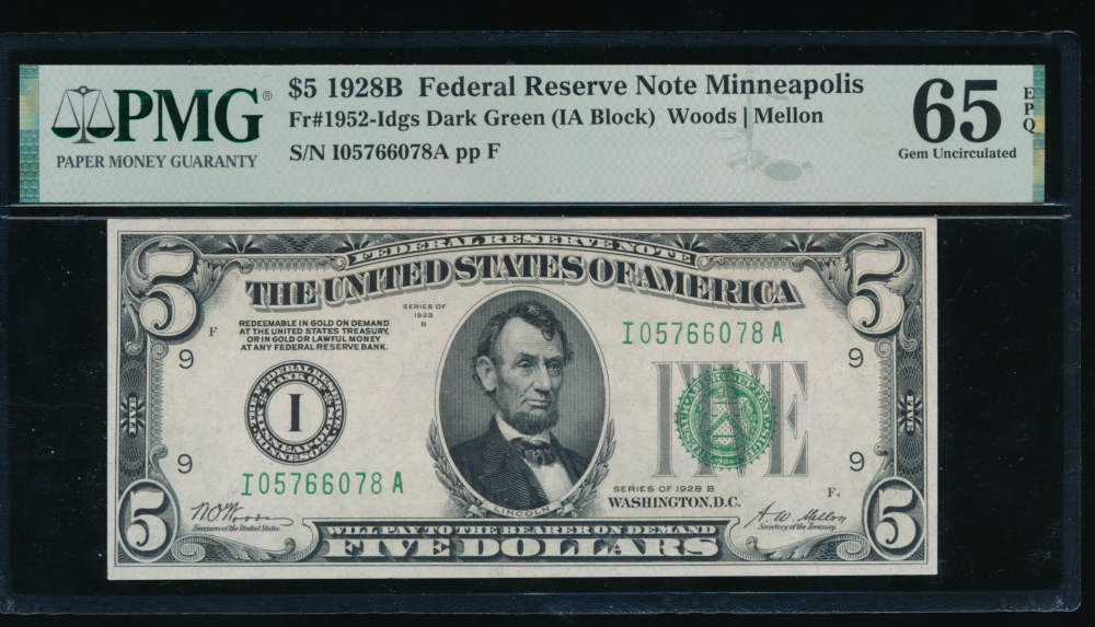 Fr. 1952-I 1928B $5  Federal Reserve Note Minneapolis PMG 65EPQ I05766078A