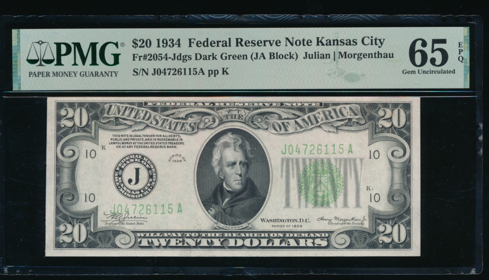 Fr. 2054-J 1934 $20  Federal Reserve Note Kansas City PMG 65EPQ J04726115A