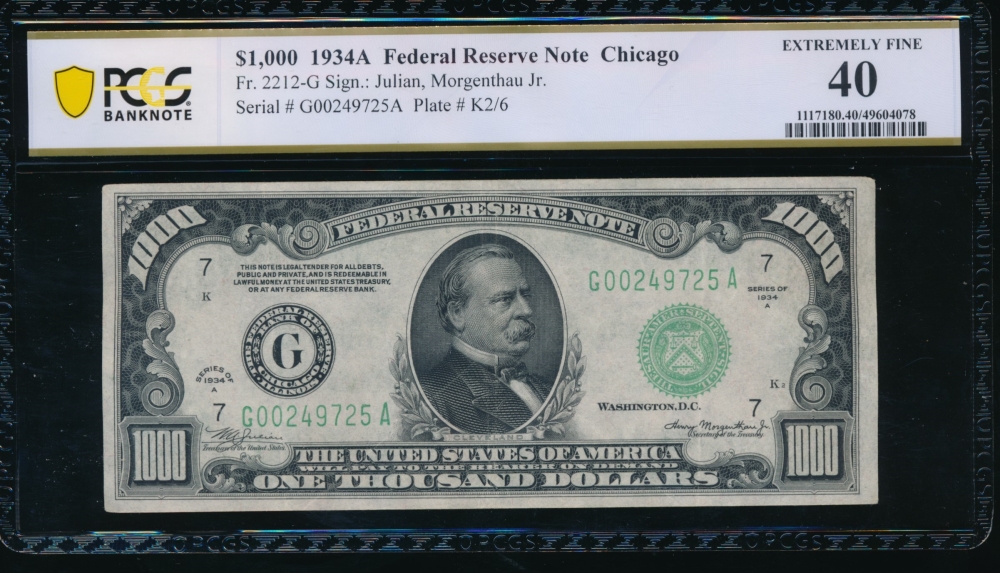 Fr. 2212-G 1934A $1,000  Federal Reserve Note Chicago PCGS 40 G00249725A