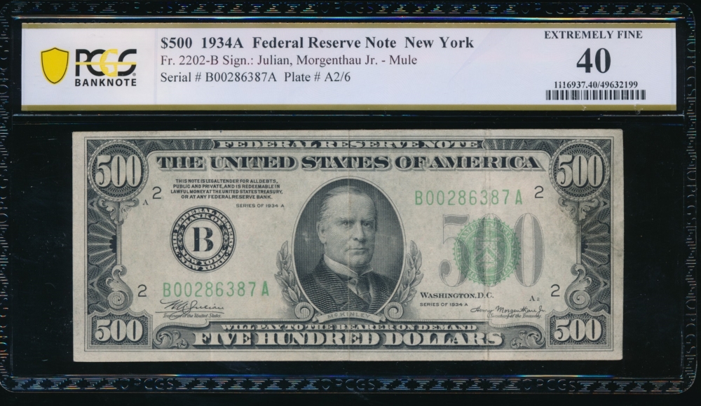 Fr. 2202-B 1934A $500  Federal Reserve Note New York PCGS 40 B00286387A