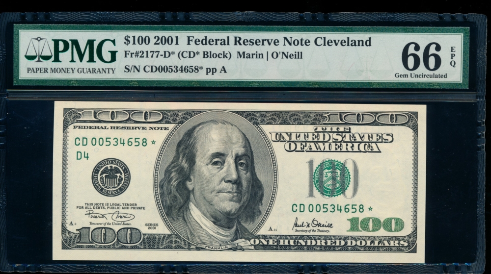 Fr. 2177-D 2001 $100  Federal Reserve Note Cleveland star PMG 66EPQ CD00534658*