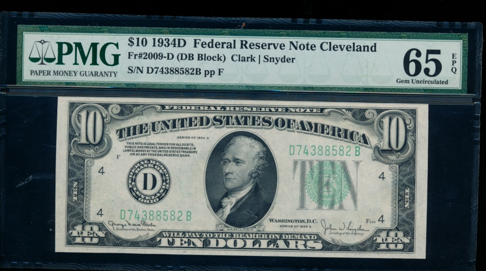 Fr. 2009-D 1934D $10  Federal Reserve Note Cleveland PMG 65EPQ D74388582D