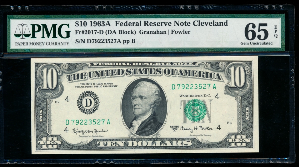 Fr. 2017-D 1963A $10  Federal Reserve Note Cleveland PMG 65EPQ D79223527A