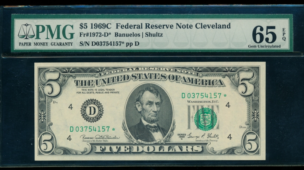 Fr. 1972-D 1969C $5  Federal Reserve Note Cleveland star PMG 65EPQ D03754157*