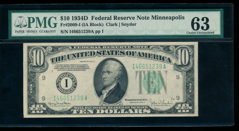 Fr. 2009-I 1934D $10  Federal Reserve Note Minneapolis PMG 63 I46651239A