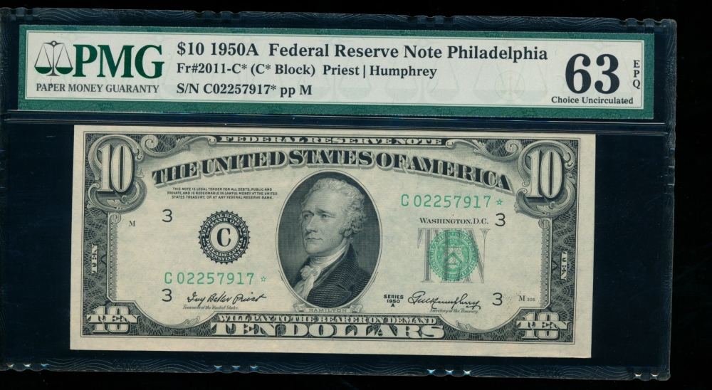 Fr. 2011-C 1950A $10  Federal Reserve Note Philadelphia star PMG 63EPQ C02257917*