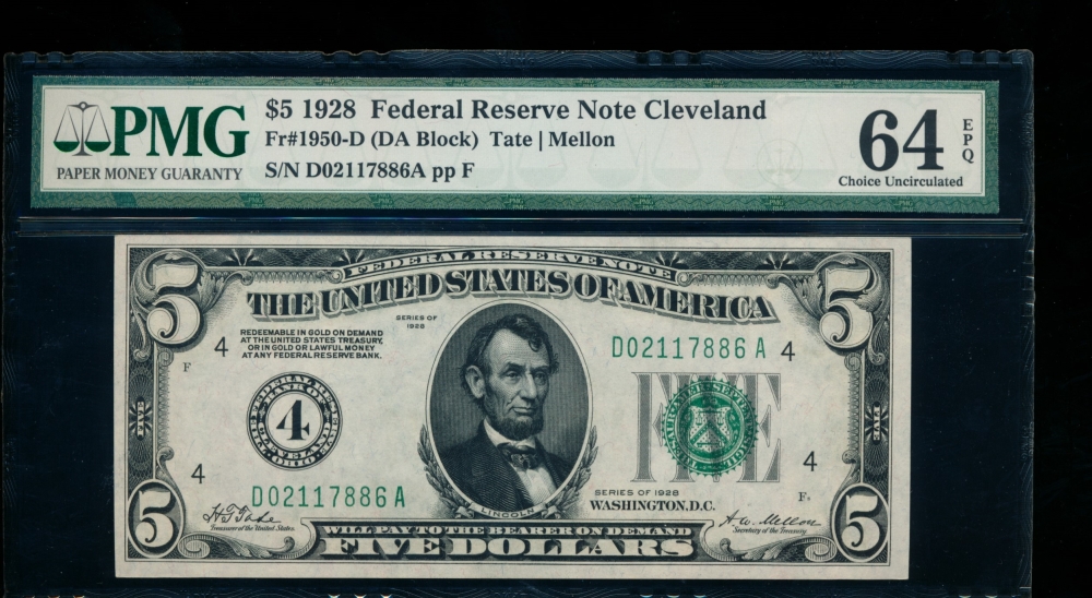 Fr. 1950-D 1928 $5  Federal Reserve Note Cleveland PMG 64EPQ D02117886A