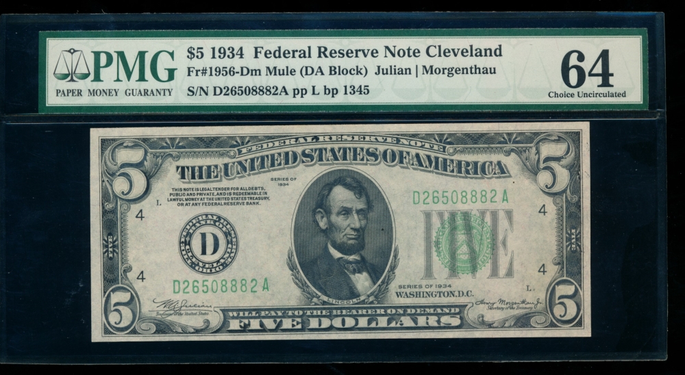 Fr. 1956-D 1934 $5  Federal Reserve Note Cleveland mule PMG 64 D26508882A