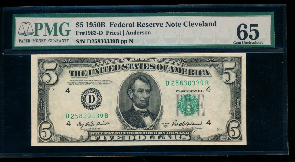 Fr. 1963-D 1950B $5  Federal Reserve Note Cleveland PMG 65EPQ D25830339B