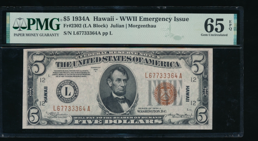 Fr. 2302 1934A $5  Hawaii  PMG 65EPQ L67733364A