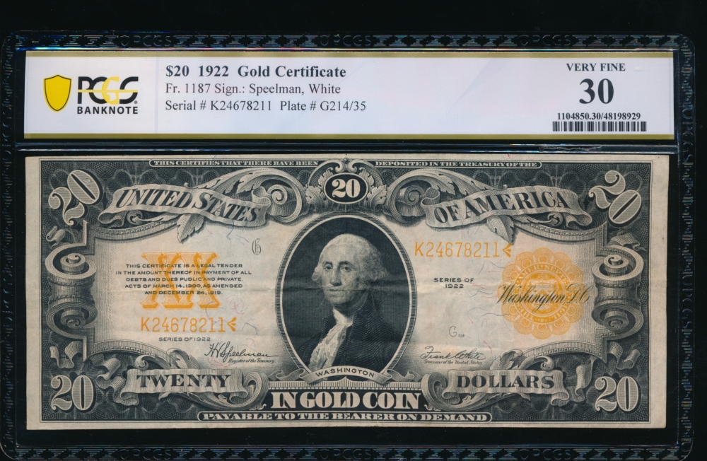 Fr. 1187 1922 $20  Gold Certificate  PCGS 30 K24678211