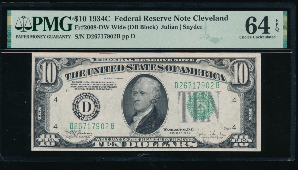 Fr. 2008-D 1934C $10  Federal Reserve Note Cleveland, Wide PMG 64EPQ D26717902B