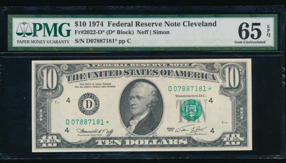 Fr. 2022-D 1974 $10  Federal Reserve Note Cleveland star PMG 65EPQ D07887181*