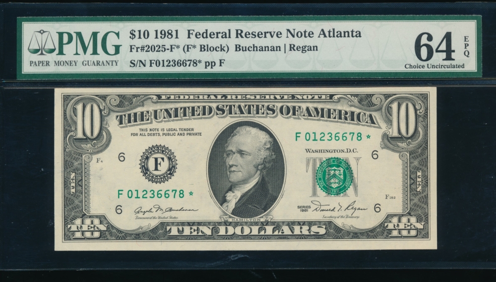 Fr. 2025-F 1981 $10  Federal Reserve Note Atlanta star PMG 64EPQ F01236678*