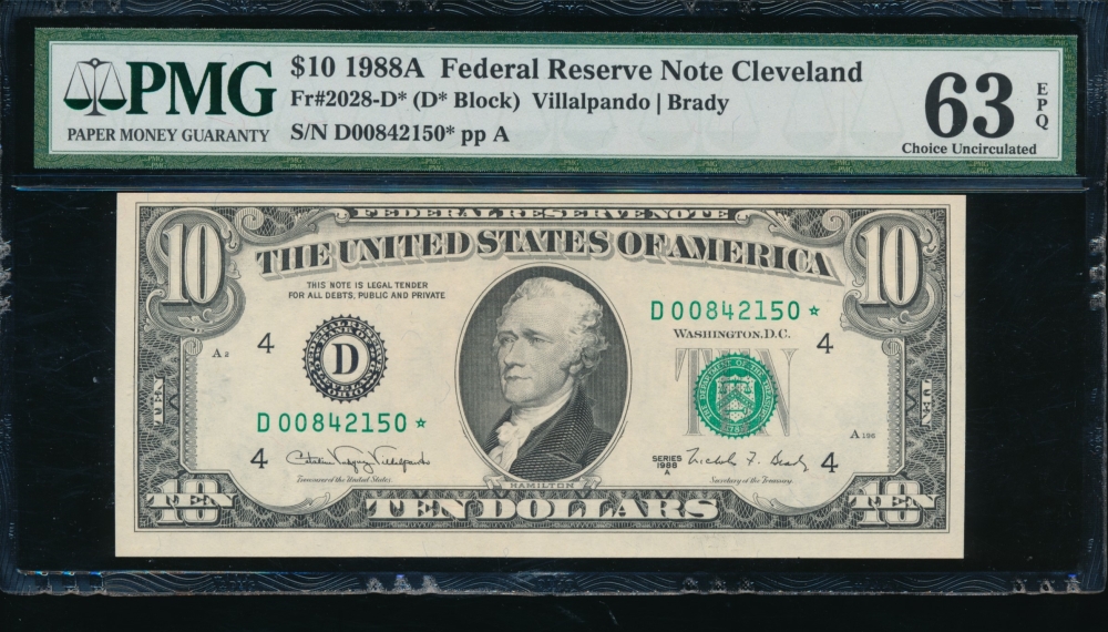 Fr. 2028-D 1988A $10  Federal Reserve Note Cleveland star PMG 63EPQ D00842150*