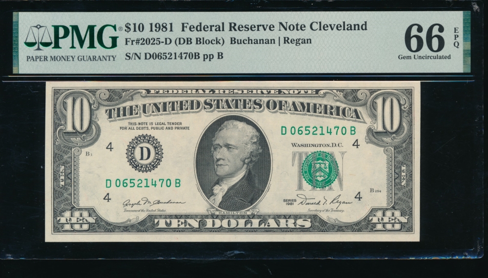 Fr. 2025-D 1981 $10  Federal Reserve Note Cleveland PMG 66EPQ D06521470B