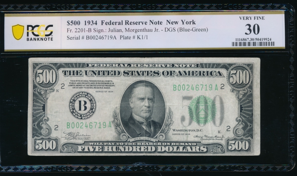 Fr. 2201-B 1934 $500  Federal Reserve Note New York PCGS 30 B00246719A