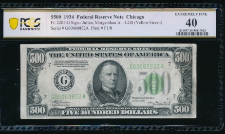 Fr. 2201-G 1934 $500  Federal Reserve Note Chicago LGS PCGS 40 G00060852A