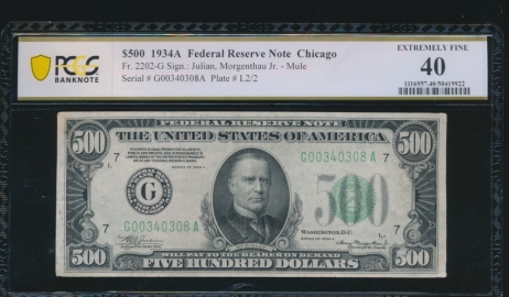 Fr. 2202-G 1934A $500  Federal Reserve Note Chicago PCGS 35 G00340308A