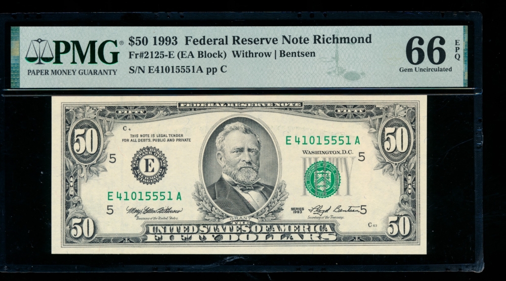 Fr. 2125-E 1993 $50  Federal Reserve Note Richmond PMG 66EPQ E41015551A