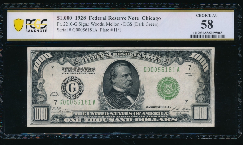 Fr. 2210-G 1928 $1,000  Federal Reserve Note Chicago PCGS 58 G00056181A