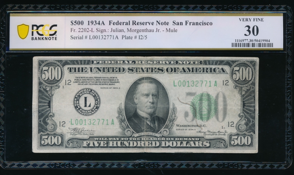 Fr. 2202-L 1934A $500  Federal Reserve Note San Francisco PCGS 30 comment L00132771A