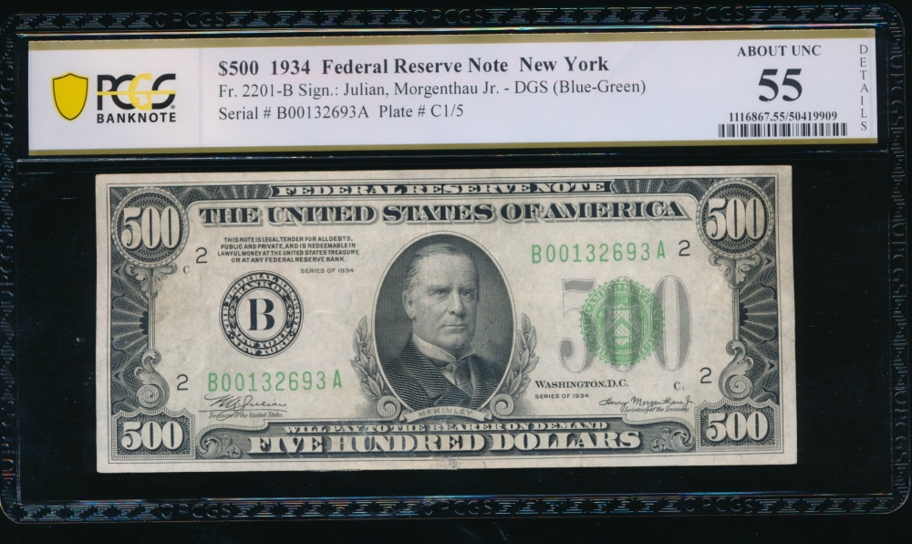 Fr. 2201-B 1934 $500  Federal Reserve Note New York PCGS 55 details B00132693A