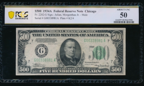 Fr. 2202-G 1934A $500  Federal Reserve Note Chicago PCGS 50 G00338981A