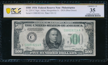 Fr. 2201-C 1934 $500  Federal Reserve Note Philadelphia PCGS 35 comment C00018214A