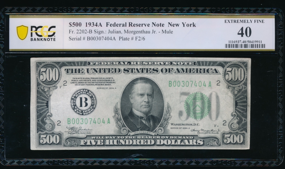 Fr. 2202-B 1934A $500  Federal Reserve Note New York PCGS 40 comment B00307404A