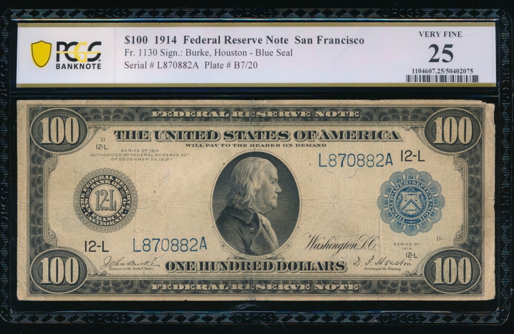 Fr. 1130 1914 $100  Federal Reserve Note San Francisco PCGS 25 comment L870882A