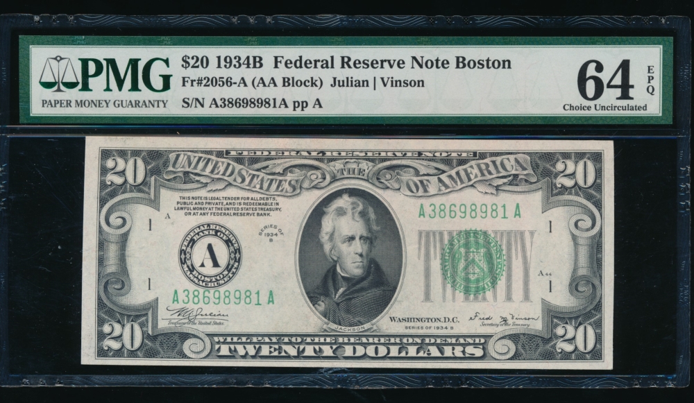 Fr. 2056-A 1934B $20  Federal Reserve Note Boston PMG 64EPQ A38698981A