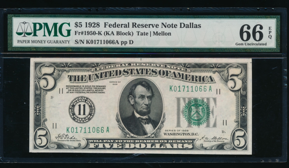 Fr. 1950-K 1928 $5  Federal Reserve Note Dallas PMG 66EPQ K01711066A