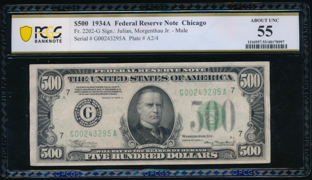 Fr. 2202-G 1934A $500  Federal Reserve Note Chicago PCGS 55 G00243295A