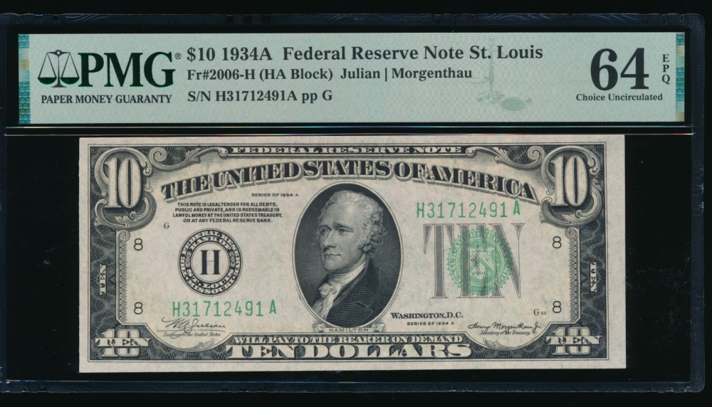 Fr. 2006-H 1934A $10  Federal Reserve Note Saint Louis PMG 64EPQ H31712491A