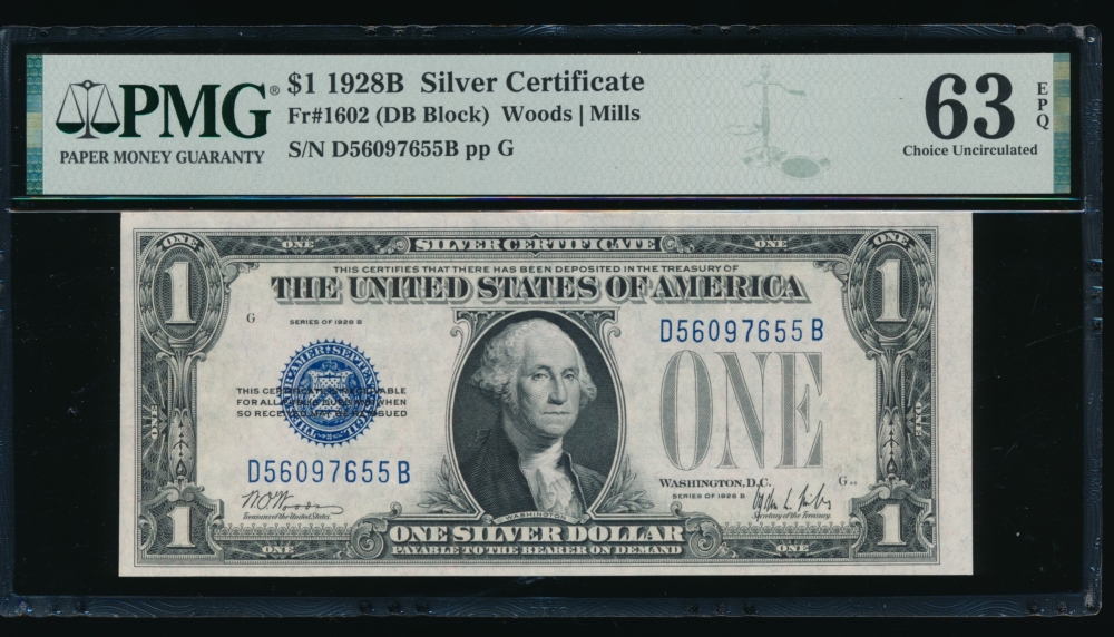 Fr. 1602 1928B $1  Silver Certificate DB block PMG 63EPQ D56097655B