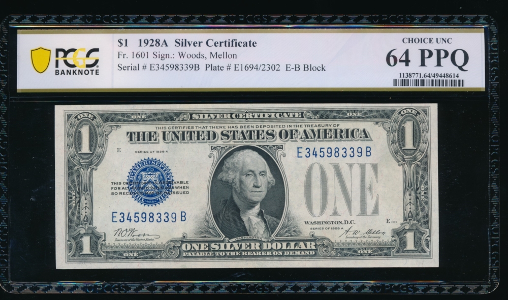 Fr. 1601 1928A $1  Silver Certificate EB block PCGS 64PPQ E34598339B