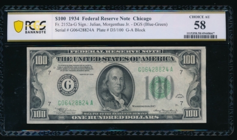 Fr. 2152-G 1934 $100  Federal Reserve Note Chicago PCGS 58 G06428824A