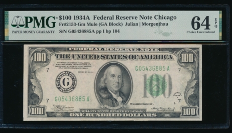 Fr. 2153-G 1934A $100  Federal Reserve Note Chicago mule PMG 64EPQ G05436885A