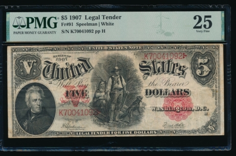 Fr. 91 1907 $5  Legal Tender  PMG 25 K70041092