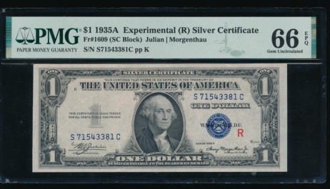 Fr. 1609 1935A $1  Silver Certificate R Experimental PMG 66EPQ S71543381C