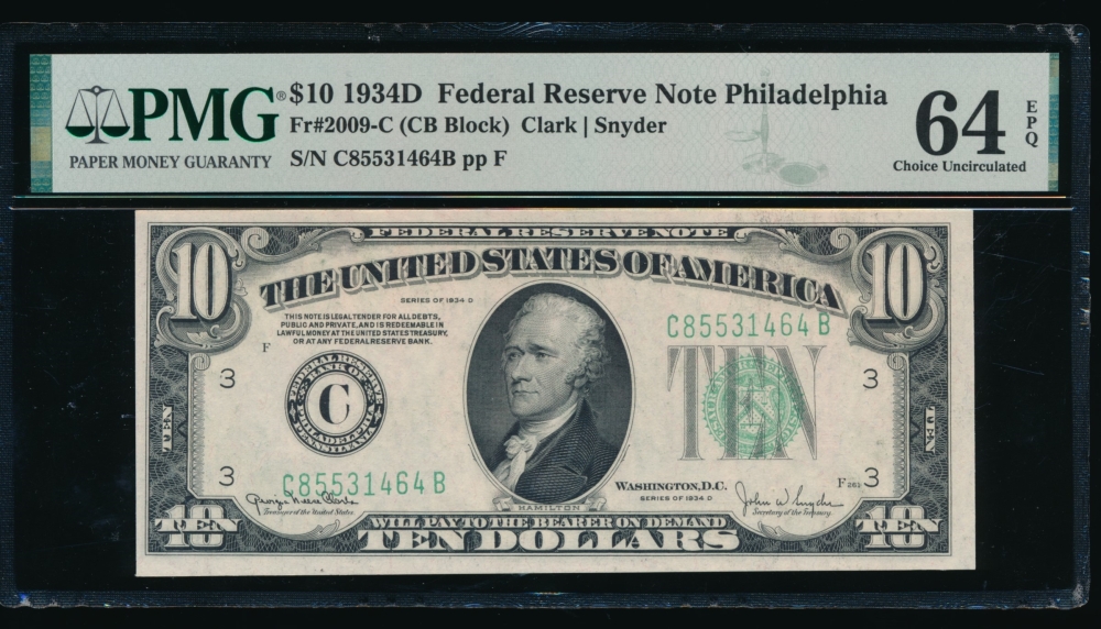 Fr. 2009-C 1934D $10  Federal Reserve Note Philadelphia PMG 64EPQ C85531464B