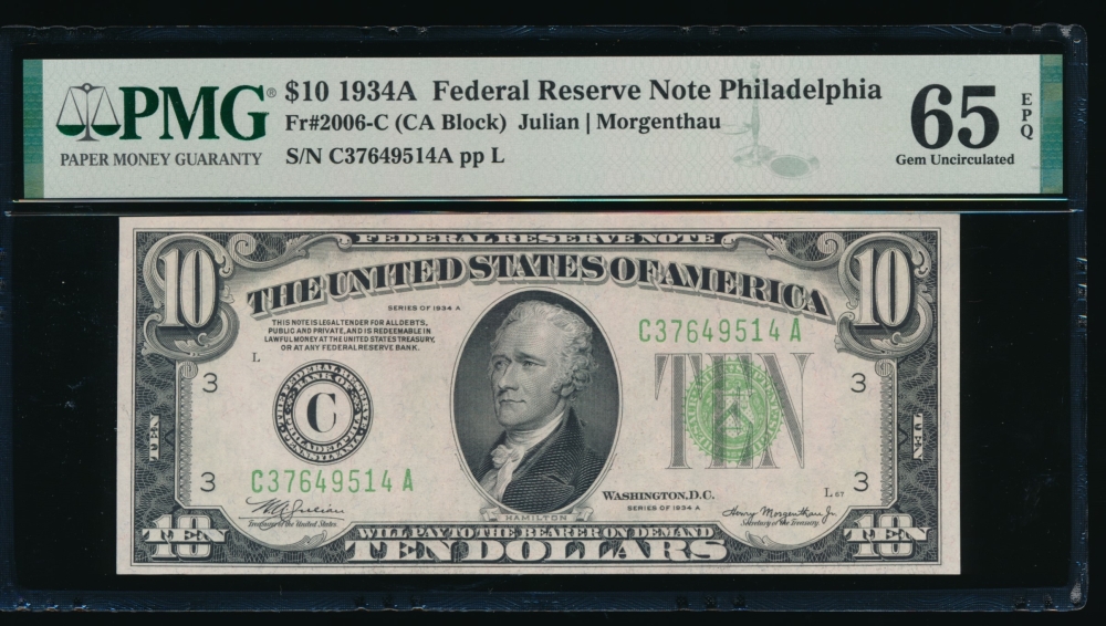 Fr. 2006-C 1934A $10  Federal Reserve Note Philadelphia PMG 65EPQ C37649514A