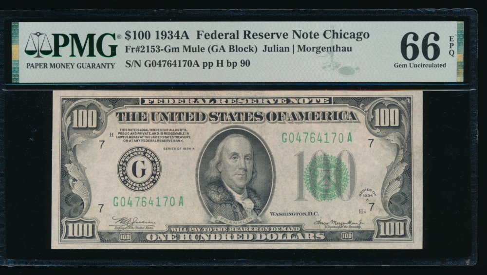 Fr. 2153-G 1934A $100  Federal Reserve Note Chicago mule PMG 66EPQ G04764170A