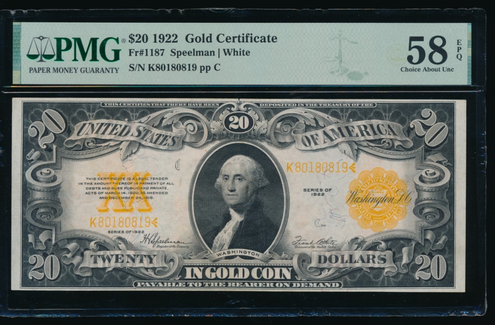 Fr. 1187 1922 $20  Gold Certificate  PMG 58EPQ K80180819