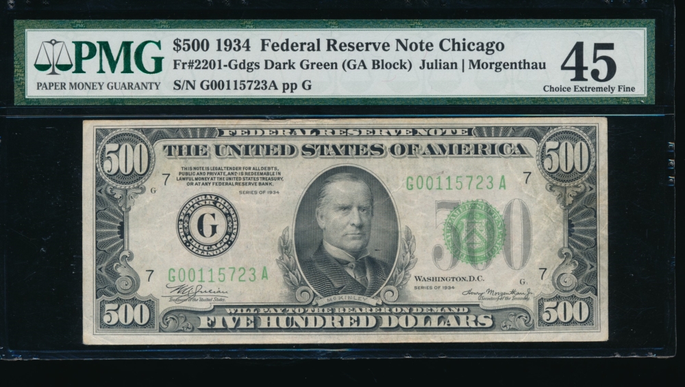 Fr. 2201-G 1934 $500  Federal Reserve Note Chicago PMG 45 comment G00115723A