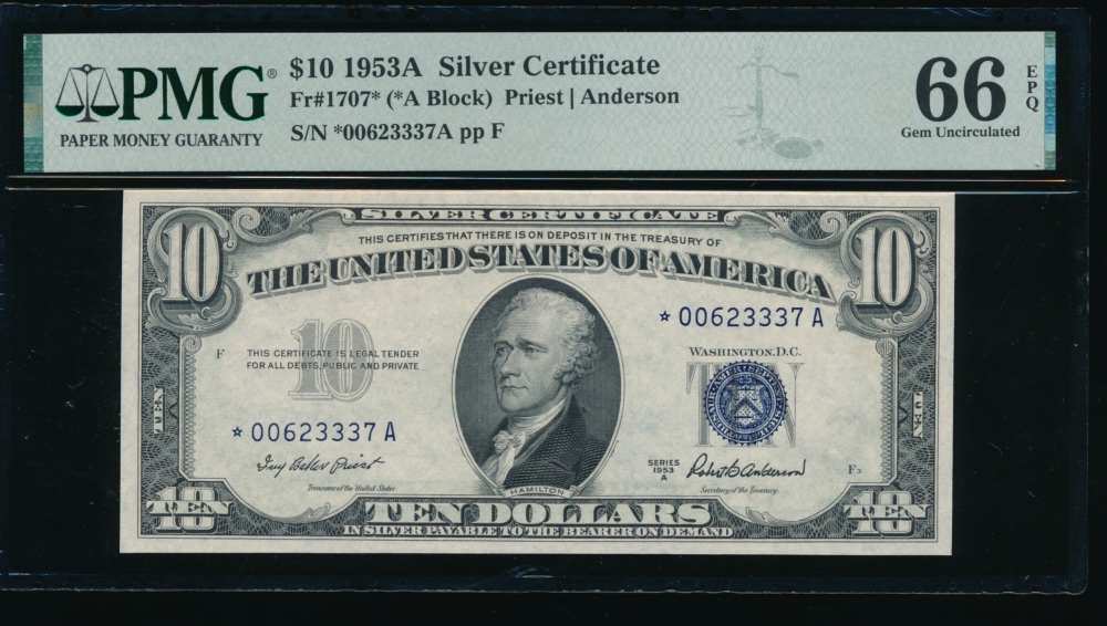 Fr. 1707 1953A $10  Silver Certificate *A block PMG 66EPQ *00623337A