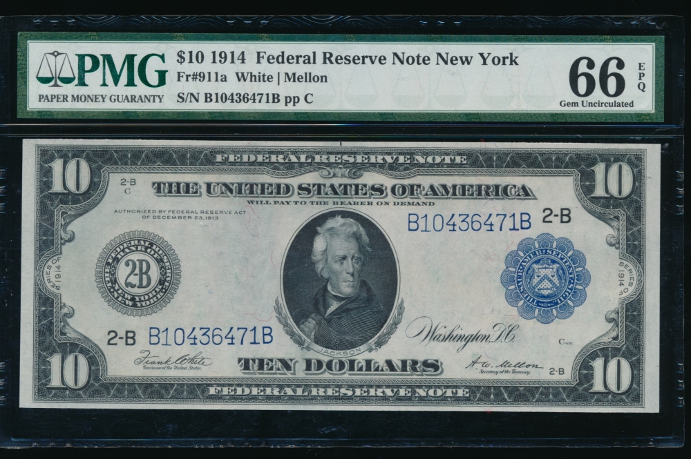 Fr. 911a 1914 $10  Federal Reserve Note New York PMG 66EPQ B10436471B