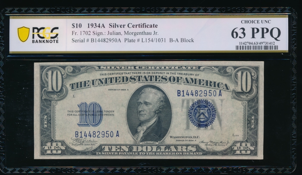 Fr. 1702 1934A $10  Silver Certificate BA block PCGS 63PPQ B14482950A