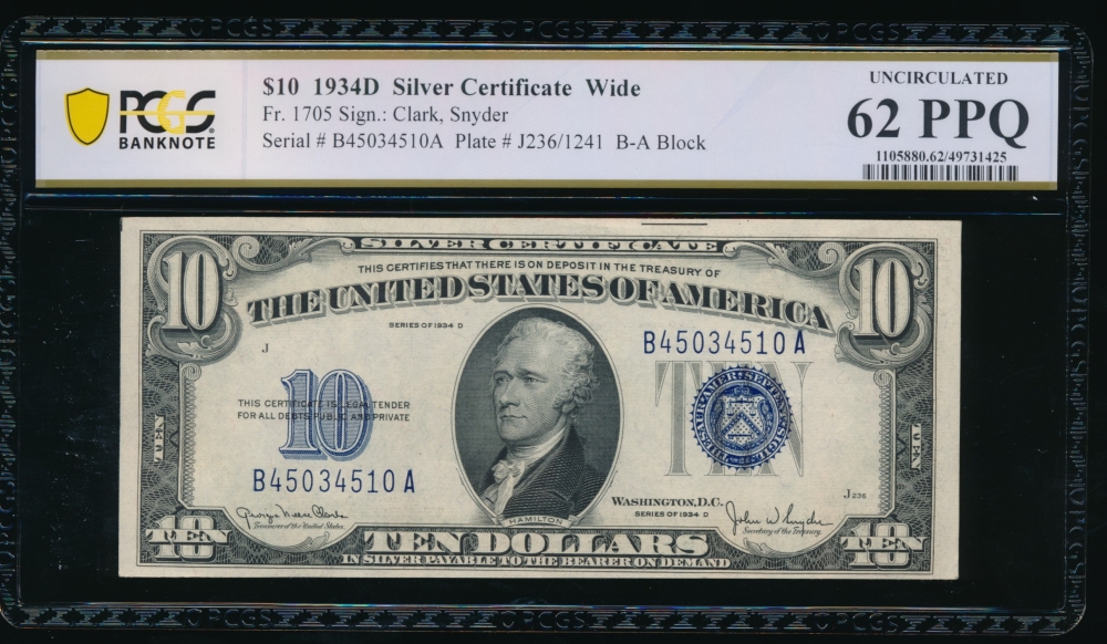 Fr. 1705 1934D $10  Silver Certificate BA block, Wide PCGS 62PPQ B45034510A